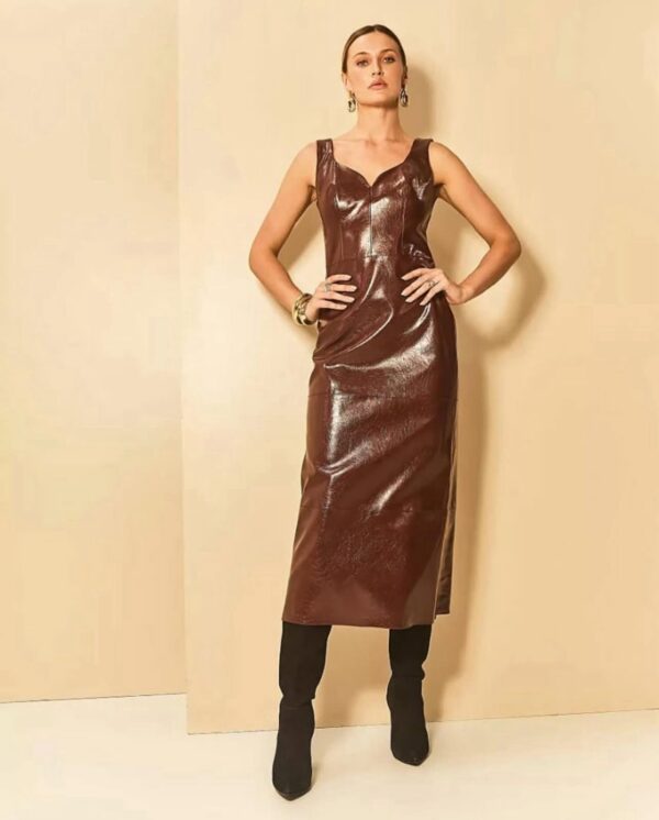 Vestido mídi decote v couro eco - Image 2