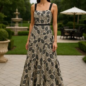 Vestido Longo Estampa Folhagem com Detalhes Artesanais